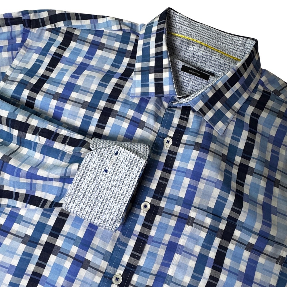Bugatchi Mens Size XL Blue Plaid Button Down Shirt Classic Fit‎ Long Sleeve